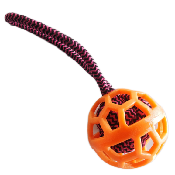 Jucarie pentru caine Jucarie pentru caine, minge dubla din cauciuc cu sfoara, 15cm, Portocaliu, Ropet - imagine 1