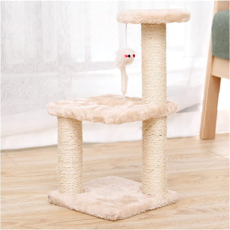 Ansamblu de joaca pe 3 nivele pentru pisici cu funie sisal pe stalpi, pentru ascutit gheare, cu soricel, 40cm, Crem, Ropet - imagine 2