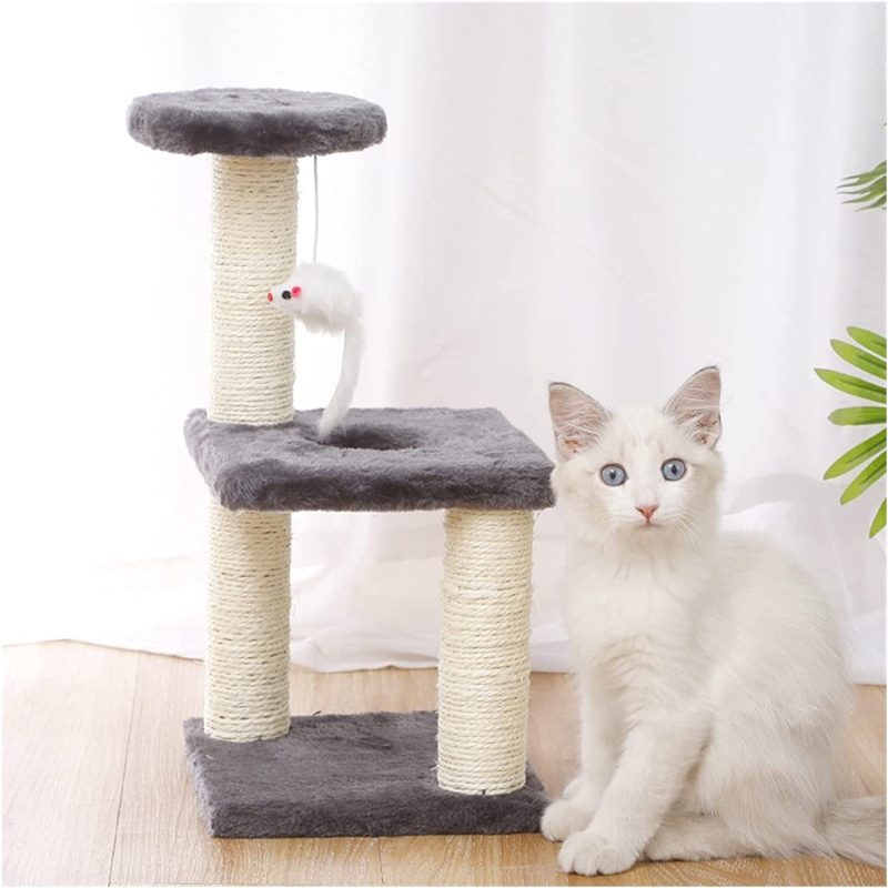 Ansamblu de joaca pe 3 nivele pentru pisici cu funie sisal pe stalpi, pentru ascutit gheare, cu soricel, 40cm, Gri, Ropet - imagine 3