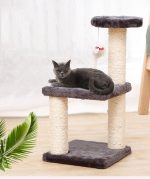 Ansamblu de joaca pe 3 nivele pentru pisici cu funie sisal pe stalpi, pentru ascutit gheare, cu soricel, 40cm, Gri, Ropet - imagine 4
