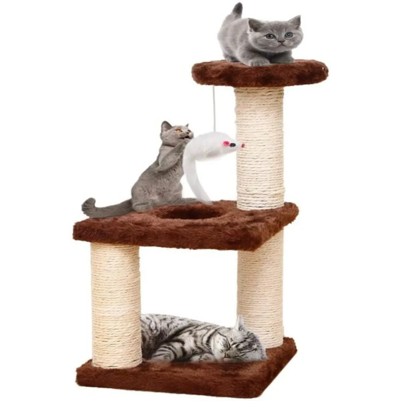 Ansamblu de joaca pe 3 nivele pentru pisici cu funie sisal pe stalpi, pentru ascutit gheare, cu soricel, 40cm, Maro, Ropet - imagine 3