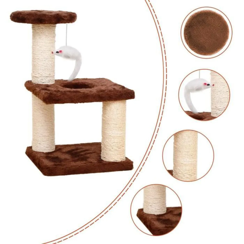 Ansamblu de joaca pe 3 nivele pentru pisici cu funie sisal pe stalpi, pentru ascutit gheare, cu soricel, 40cm, Maro, Ropet - imagine 4