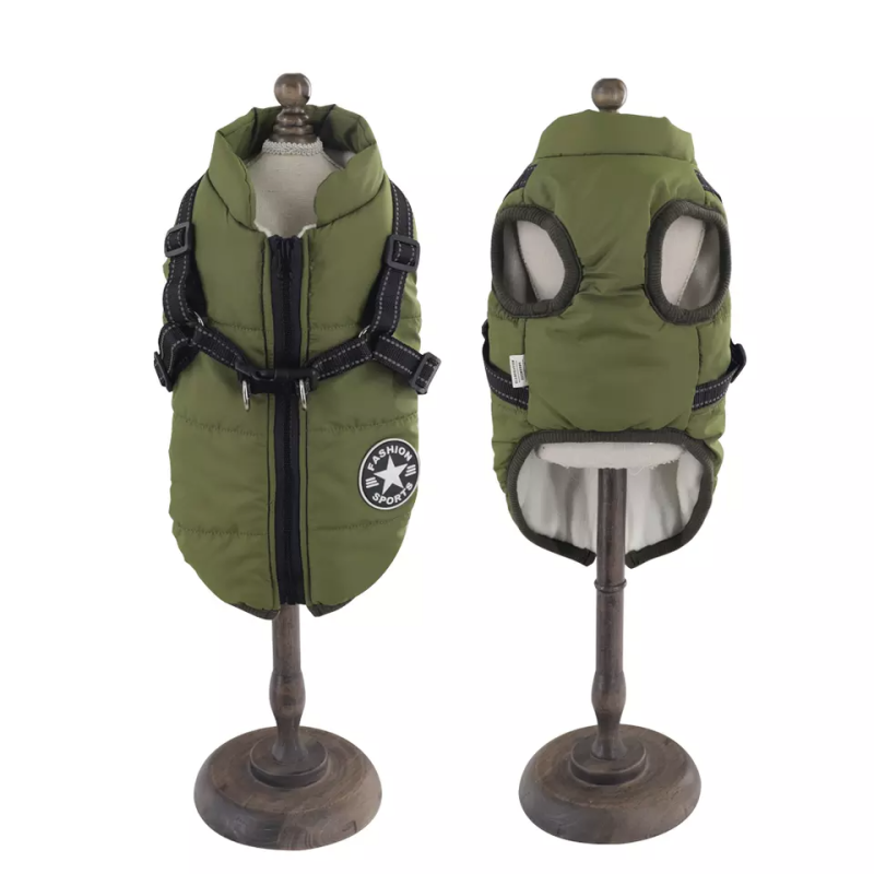 Geaca impermeabila pentru caini cu ham, captusita, cu fermoar, Verde, Marimea M, Ropet - imagine 3