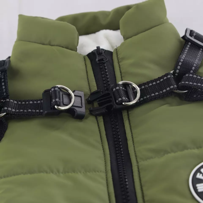 Geaca impermeabila pentru caini cu ham, captusita, cu fermoar, Verde, Marimea M, Ropet - imagine 4