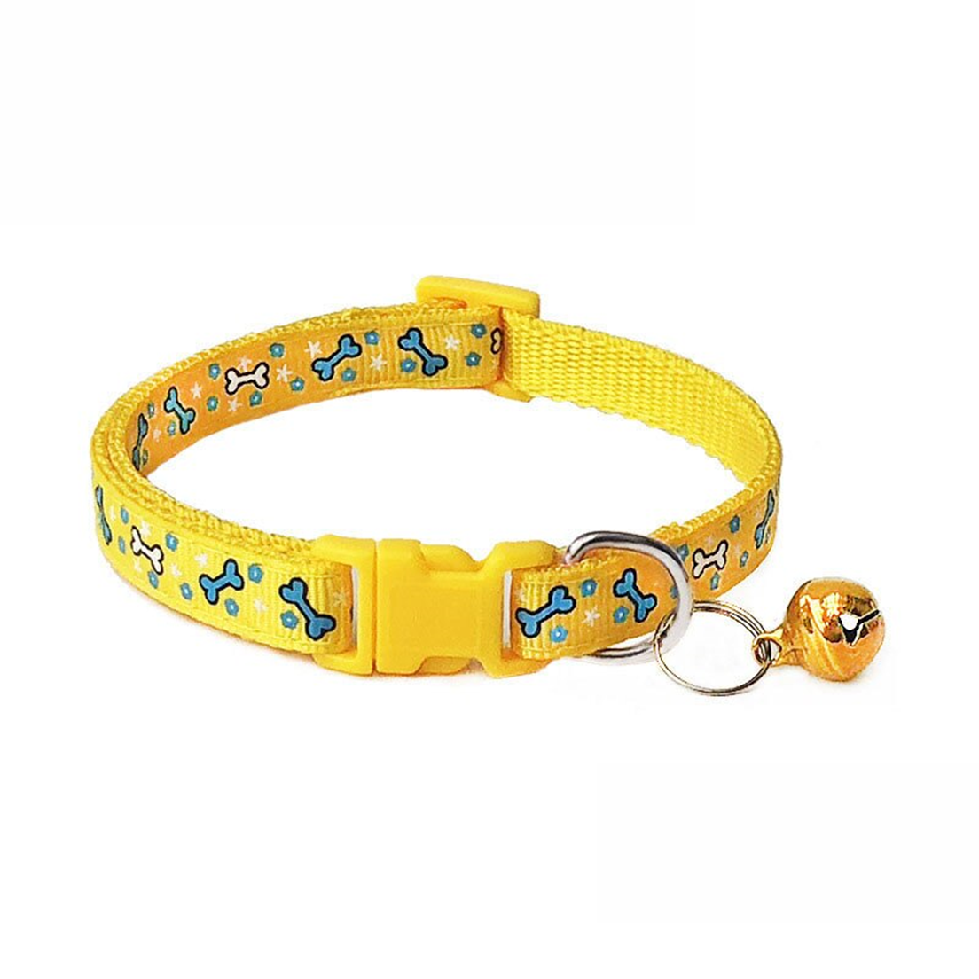 Zgarda ajustabila cu clopotel pentru caini si pisici Zgarda ajustabila cu clopotel pentru caini si pisici, 18-32cm/1cm, Imprimeu Os, Galben, Ropet - imagine 1