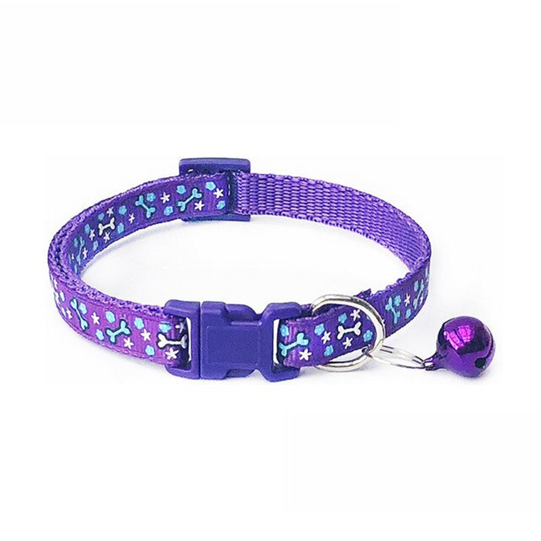 Zgarda ajustabila cu clopotel pentru caini si pisici Zgarda ajustabila cu clopotel pentru caini si pisici, 18-32cm/1cm, Imprimeu Os, Mov, Ropet - imagine 1