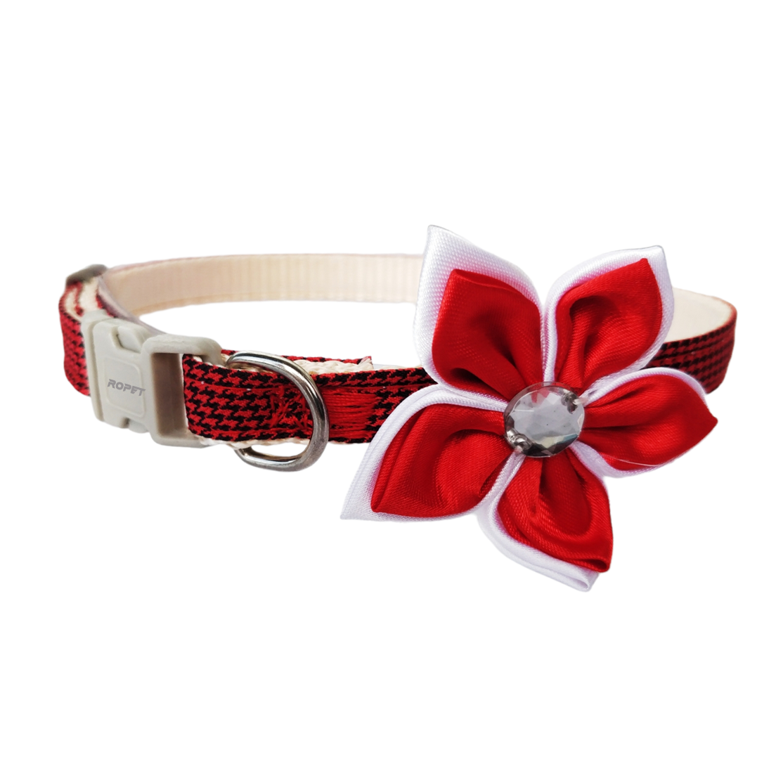 Zgarda ajustabila cu floare/fundita pentru caini si pisici Zgarda ajustabila cu floare/fundita pentru caini si pisici, 22-33cm/10mm, Rosu, Ropet - imagine 1