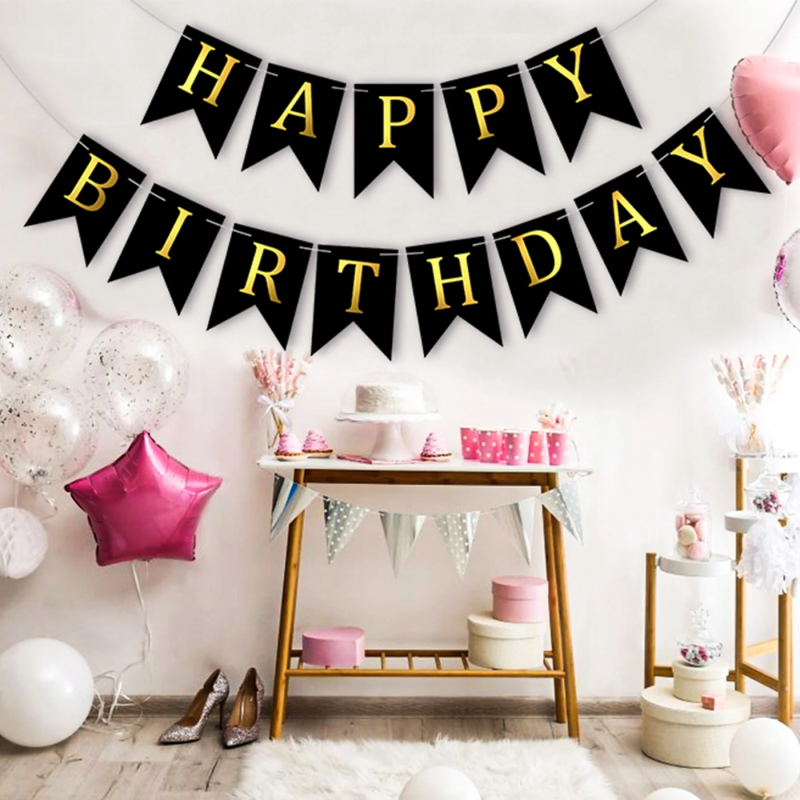 Banner Happy Birthday Ghirlanda Decor Aniversare, Negru, 2.5 m x 17 cm, Ropet - imagine 2