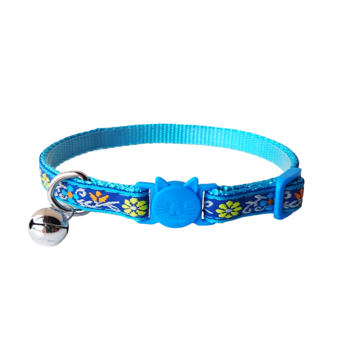 Zgarda ajustabila cu clopotel pentru pisici Zgarda ajustabila cu clopotel pentru pisici, imprimeu floral brodat, 20-32cm/1cm, Albastru, Ropet - imagine 1