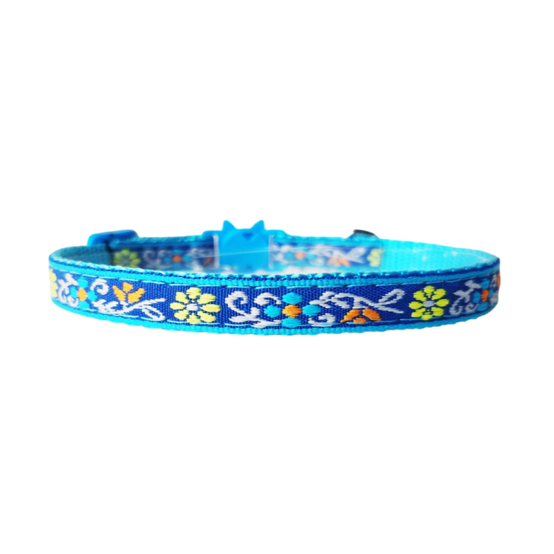 Zgarda ajustabila cu clopotel pentru pisici, imprimeu floral brodat, 20-32cm/1cm, Albastru, Ropet - imagine 2