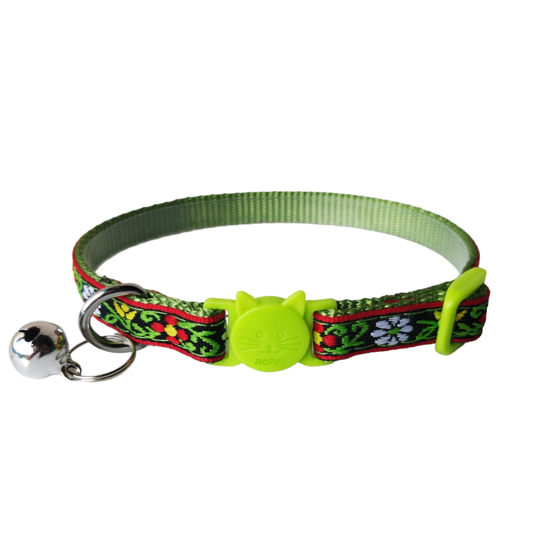 Zgarda ajustabila cu clopotel pentru pisici Zgarda ajustabila cu clopotel pentru pisici, imprimeu floral brodat, 20-32cm/1cm, Verde, Ropet - imagine 1