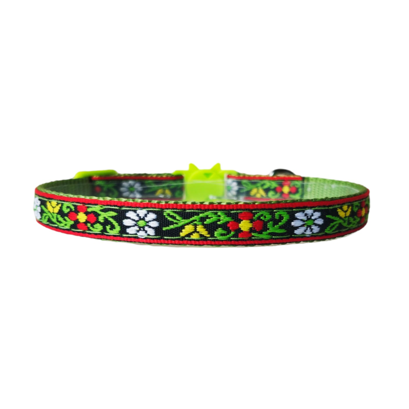 Zgarda ajustabila cu clopotel pentru pisici, imprimeu floral brodat, 20-32cm/1cm, Verde, Ropet - imagine 2