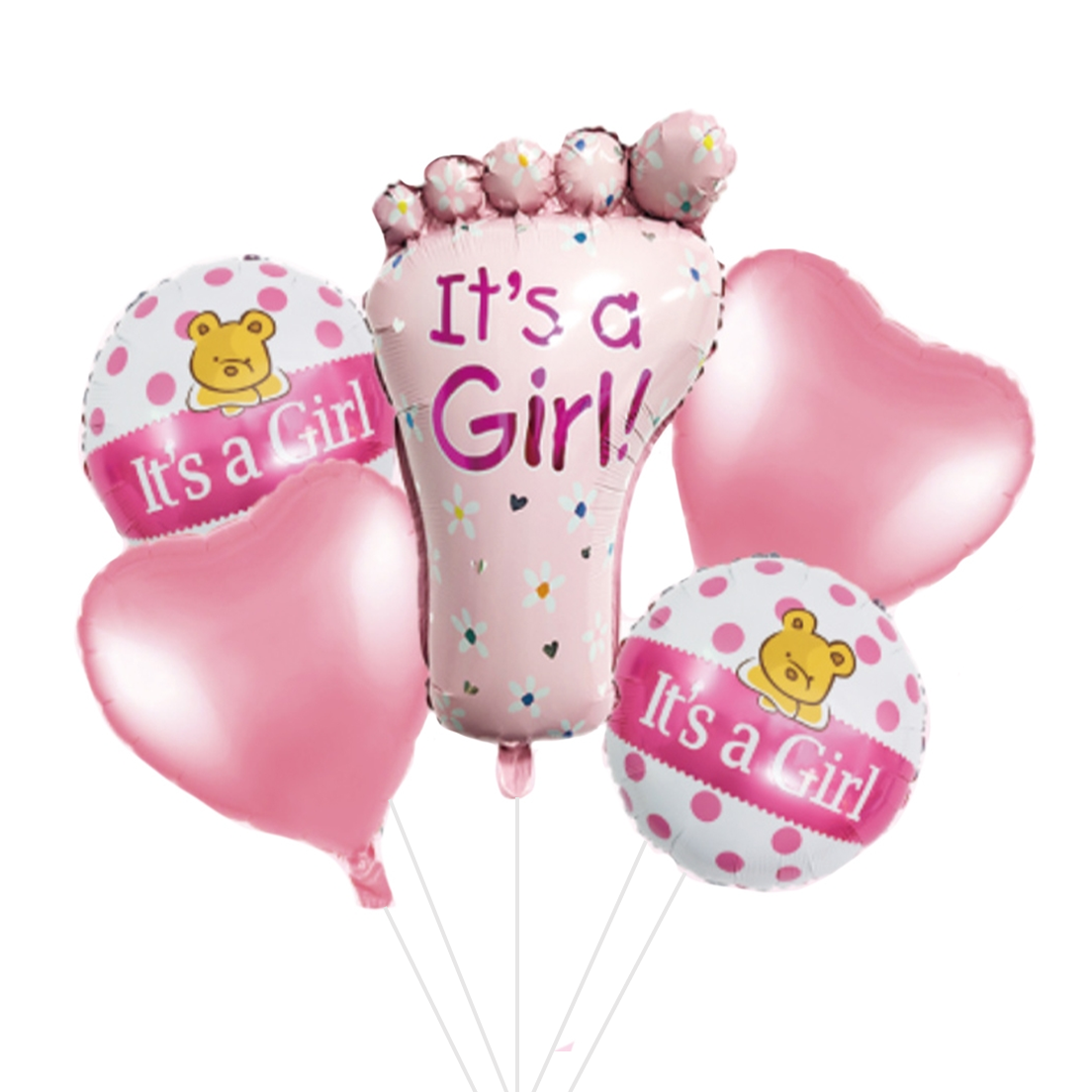 Set 5 baloane folie Set 5 Baloane Folie Baby Shower Forma Piciorus It's A Girl, Roz, 45 cm – 77 cm, Ropet - imagine 1