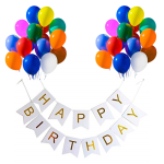 Set 20 Baloane Latex, 30 cm, Si Banner Happy Birthday Alb, 12 x 17 cm, Ropet