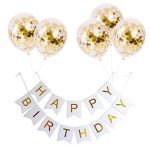 Set 5 Baloane Confetti Si Banner Happy Birthday Alb, Ropet