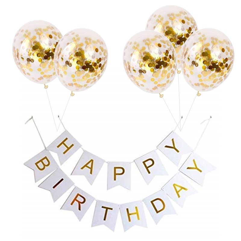 Set 5 baloane confetti auriu si banner Happy Birthday alb Set 5 Baloane Confetti Si Banner Happy Birthday Alb, Ropet - imagine 1