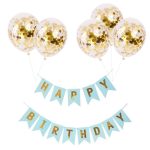 Set 5 Baloane Confetti Si Banner Happy Birthday Albastru Deschis, Ropet