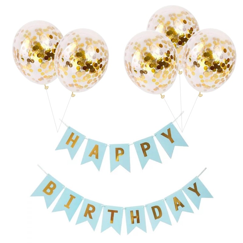 Set 5 baloane confetti auriu si banner Happy Birthday albastru deschis Set 5 Baloane Confetti Si Banner Happy Birthday Albastru Deschis, Ropet - imagine 1