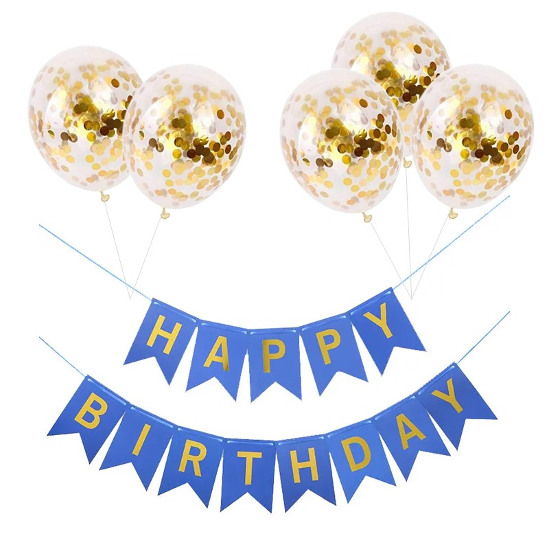 Set 5 baloane confetti auriu si banner Happy Birthday albastru Set 5 Baloane Confetti Si Banner Happy Birthday Albastru, Ropet - imagine 1
