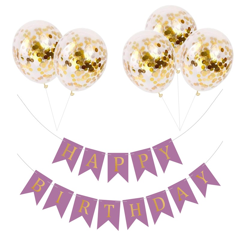 Set 5 baloane confetti auriu si banner Happy Birthday mov Set 5 Baloane Confetti Si Banner Happy Birthday Mov, Ropet - imagine 1