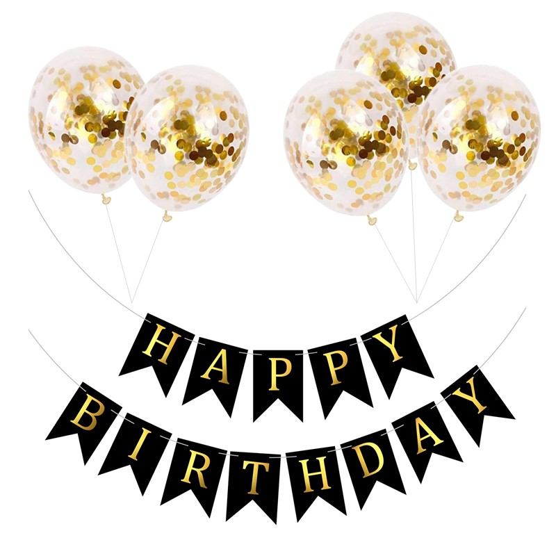 Set 5 baloane confetti auriu si banner Happy Birthday negru Set 5 Baloane Confetti Si Banner Happy Birthday Negru, Ropet - imagine 1