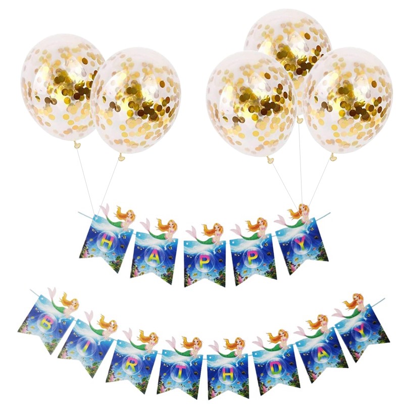 Set 5 baloane confetti auriu si banner Happy Birthday ocean Set 5 Baloane Confetti Si Banner Happy Birthday Ocean Sirena, Ropet - imagine 1