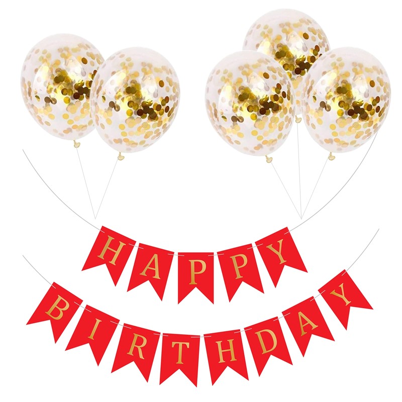 Set 5 baloane confetti auriu si banner Happy Birthday rosu Set 5 Baloane Confetti Si Banner Happy Birthday Rosu, Ropet - imagine 1