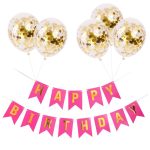 Set 5 Baloane Confetti Si Banner Happy Birthday Roz Inchis, Ropet