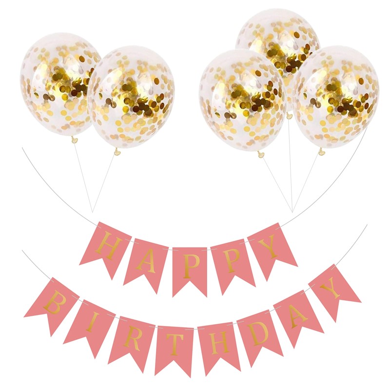 Set 5 baloane confetti auriu si banner Happy Birthday roz Set 5 Baloane Confetti Si Banner Happy Birthday Roz, Ropet - imagine 1
