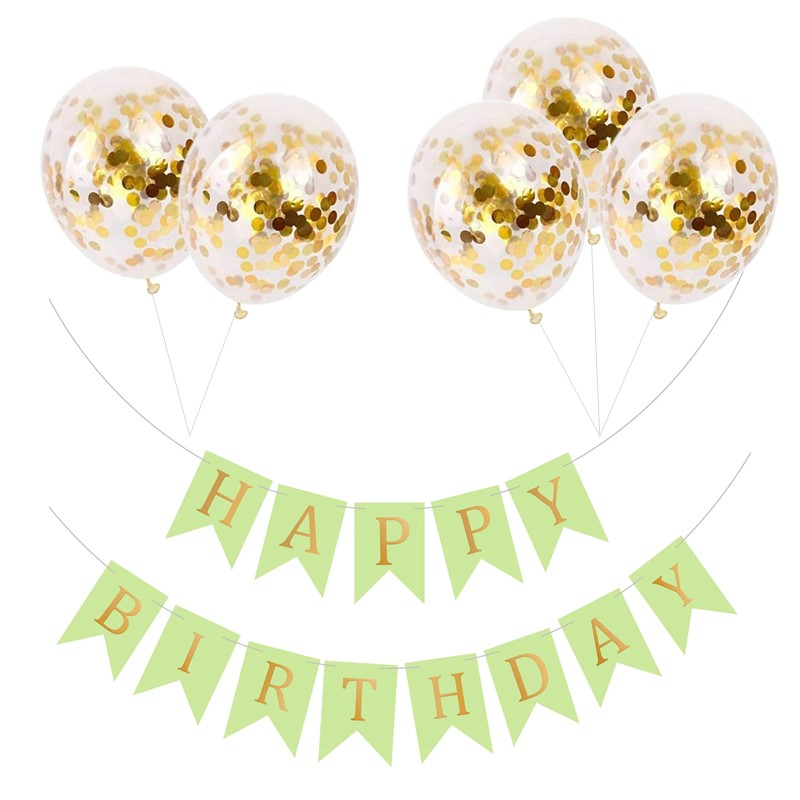 Set 5 baloane confetti auriu si banner Happy Birthday verde Set 5 Baloane Confetti Si Banner Happy Birthday Verde, Ropet - imagine 1