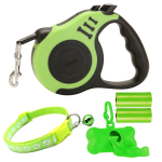 Set Lesa retractabila pentru caini cu zgarda si distribuitor saci de deseuri, Verde