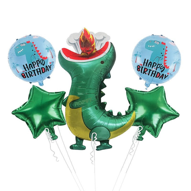 baloane_folie_set5_dinozaur_verde_2 Set 5 Baloane Folie Dinozauri, Verde, 45-87 cm, Ropet - imagine 1