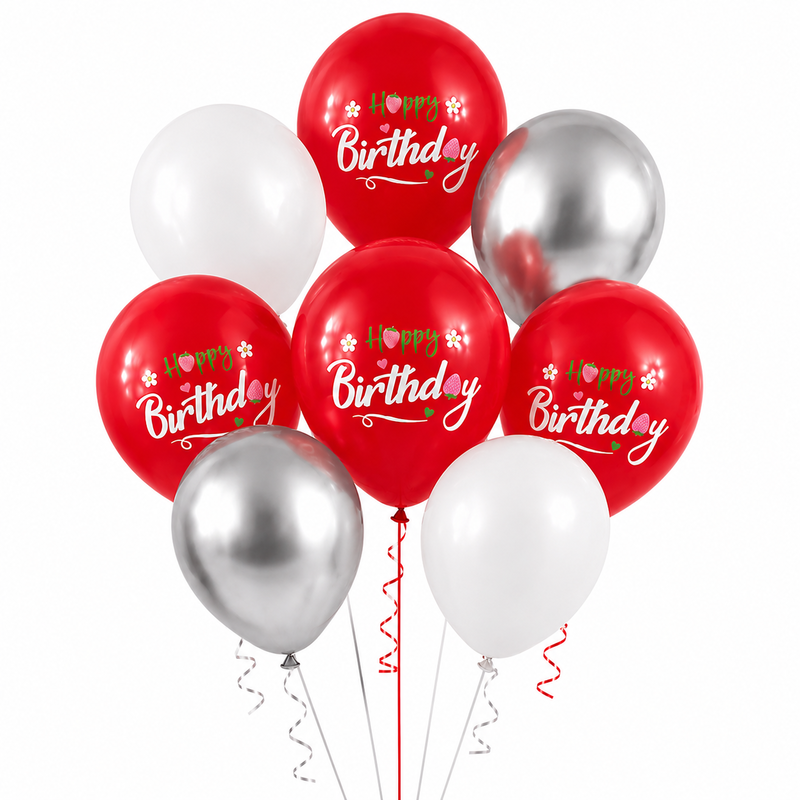 baloane_latex_happy_birthday_alb_atgintiu_1 Set 10 Baloane Latex Rosu, Alb si Argintiu, Happy Birthday, 30 cm, Ropet - imagine 1