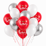 Set 25 Baloane Latex Rosu, Alb si Argintiu, Happy Birthday, 30 cm, Ropet
