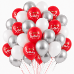 Set 50 Baloane Latex Rosu, Alb si Argintiu, Happy Birthday, 30 cm, Ropet