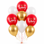 Set 10 Baloane Latex Rosu, Alb si Auriu, Happy Birthday, 30 cm, Ropet