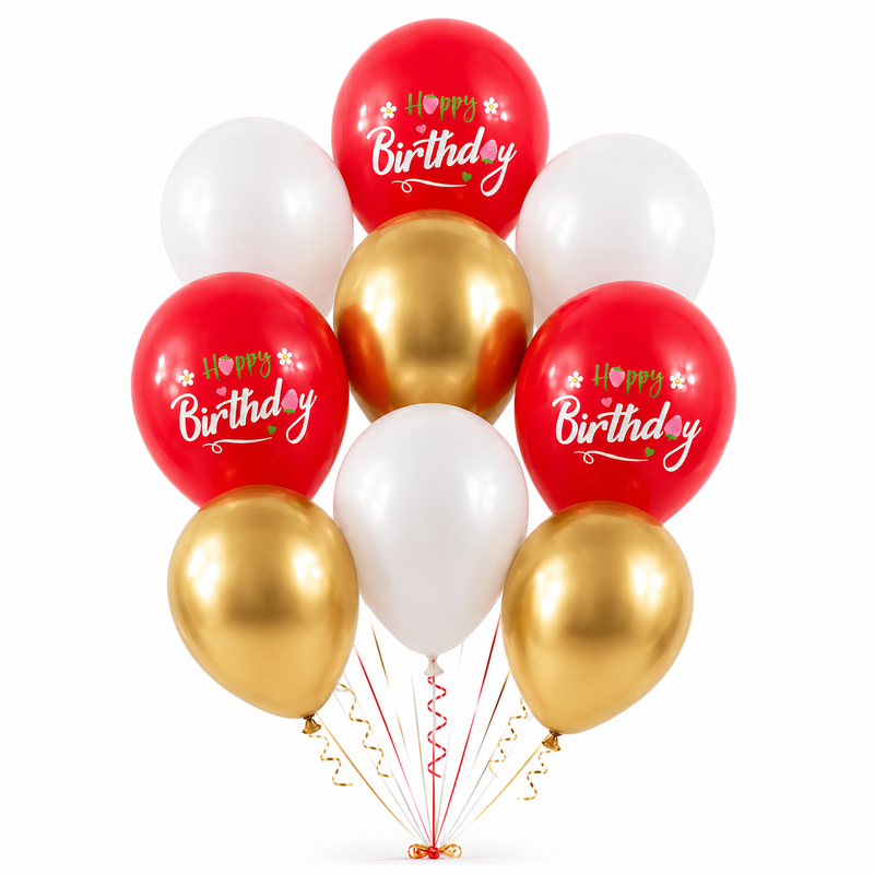 baloane_latex_happy_birthday_alb_auriu_1 Set 10 Baloane Latex Rosu, Alb si Auriu, Happy Birthday, 30 cm, Ropet - imagine 1