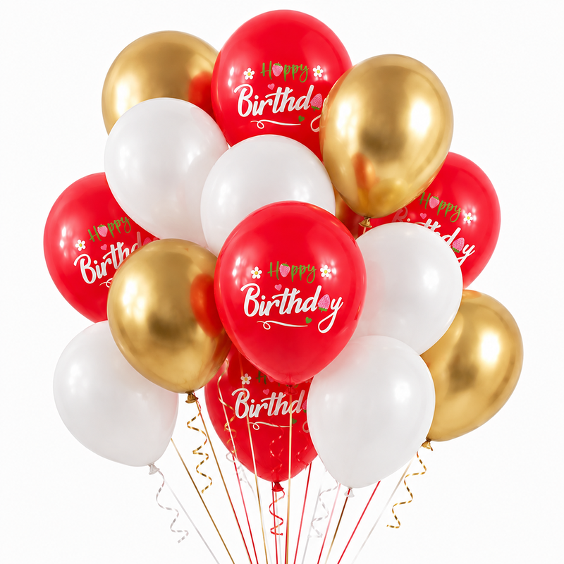 baloane_latex_happy_birthday_alb_auriu_2 Set 25 Baloane Latex Rosu, Alb si Auriu, Happy Birthday, 30 cm, Ropet - imagine 1