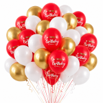 Set 50 Baloane Latex Rosu, Alb si Auriu, Happy Birthday, 30 cm, Ropet