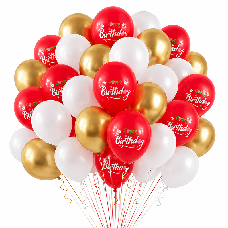 baloane_latex_happy_birthday_alb_auriu_3 Set 100 Baloane Latex Rosu, Alb si Auriu, Happy Birthday, 30 cm, Ropet - imagine 1