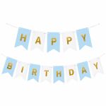 Banner Happy Birthday Ghirlanda Decor Aniversare, Alb - Albastru Deschis, 2.5 m x 17 cm, Ropet