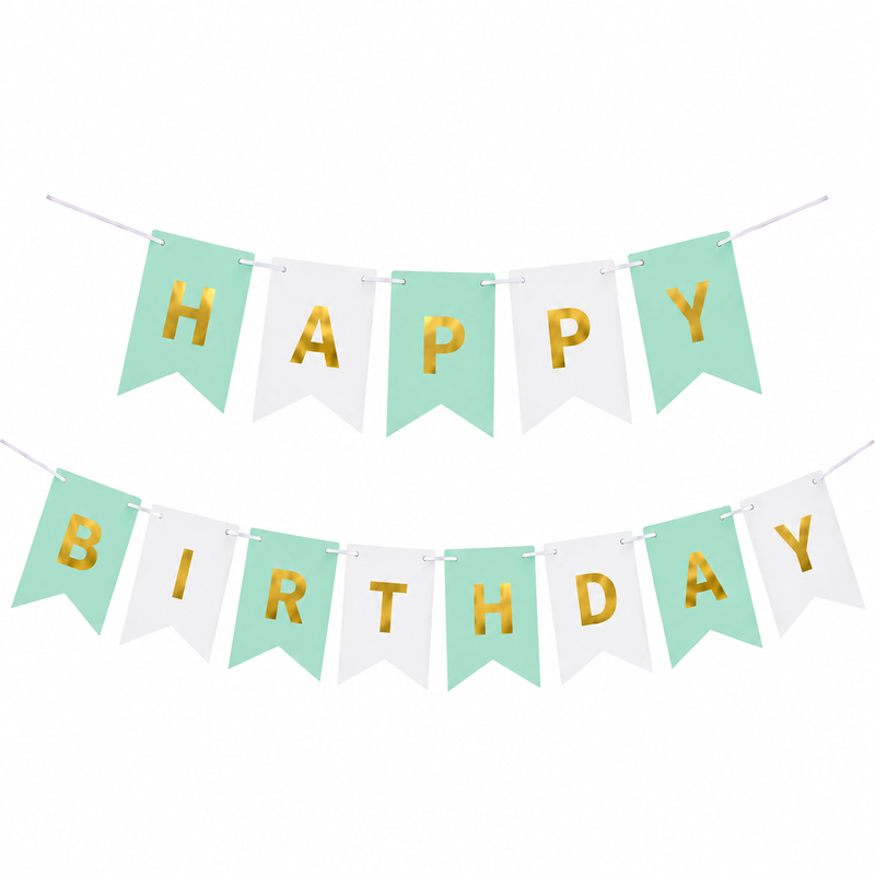 banner_happy_birthday_alb_verde Banner Happy Birthday Ghirlanda Decor Aniversare, Alb - Verde Menta, 2.5 m x 17 cm, Ropet - imagine 1