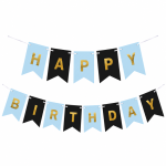Banner Happy Birthday Ghirlanda Decor Aniversare, Negru - Albastru Deschis, 2.5 m x 17 cm, Ropet
