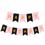 Banner Happy Birthday Ghirlanda Decor Aniversare, Negru - Roz Deschis, 2.5 m x 17 cm, Ropet