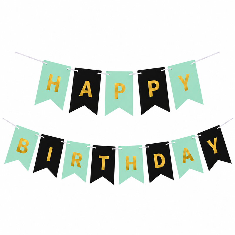 banner_happy_birthday_negru_verde_menta Banner Happy Birthday Ghirlanda Decor Aniversare, Negru - Verde Menta, 2.5 m x 17 cm, Ropet - imagine 1