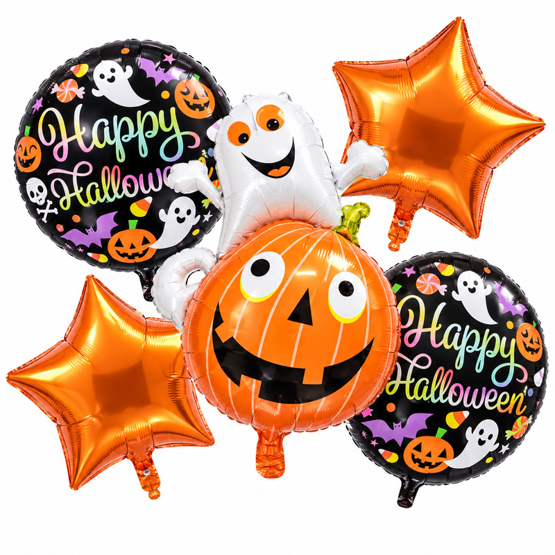 baloane_halloween_set_2_1 Set 5 Baloane Folie Dovleac cu Fantoma, 45 cm – 86 cm, Pentru Happy Halloween, Ropet - imagine 1