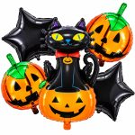 Set 5 Baloane Folie Dovleac cu Pisica, 45 cm – 98 cm, Pentru Halloween, Ropet